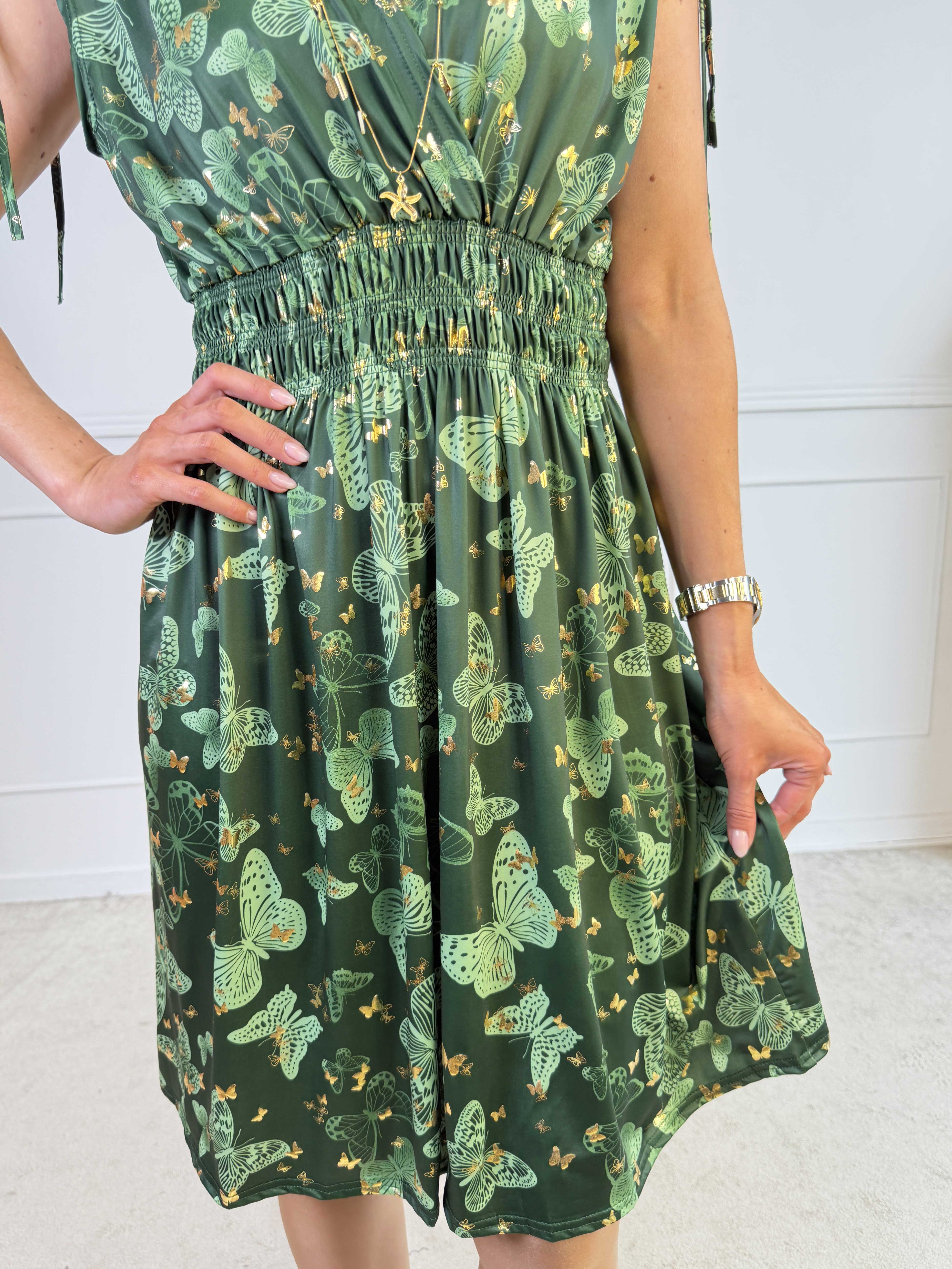 Pams Butterfly Sleeveless Short - Elastisk kjole med sommerfugleprint og smock i livet
